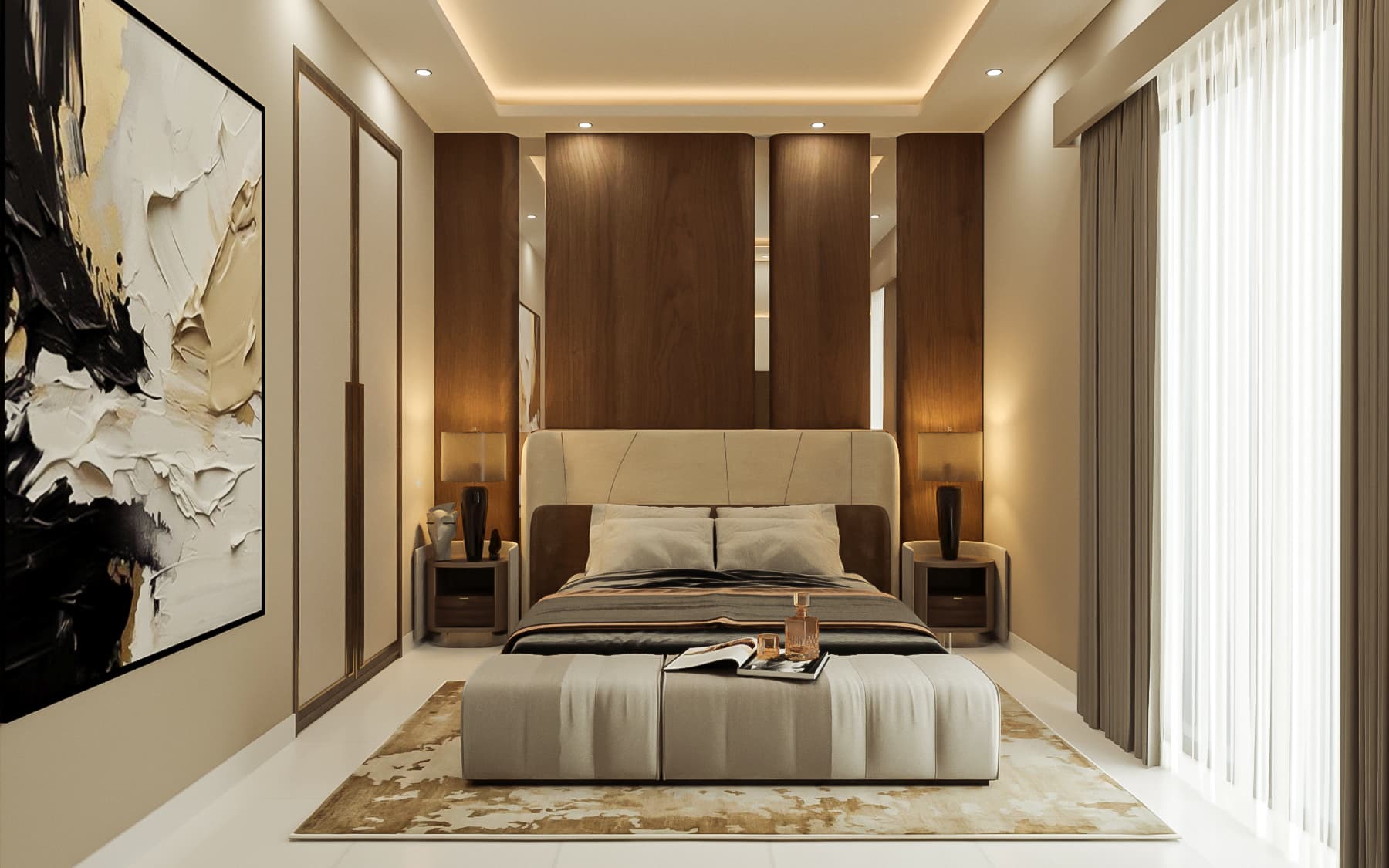 Luxury bedroom with modern wood paneling and warm ambient lighting