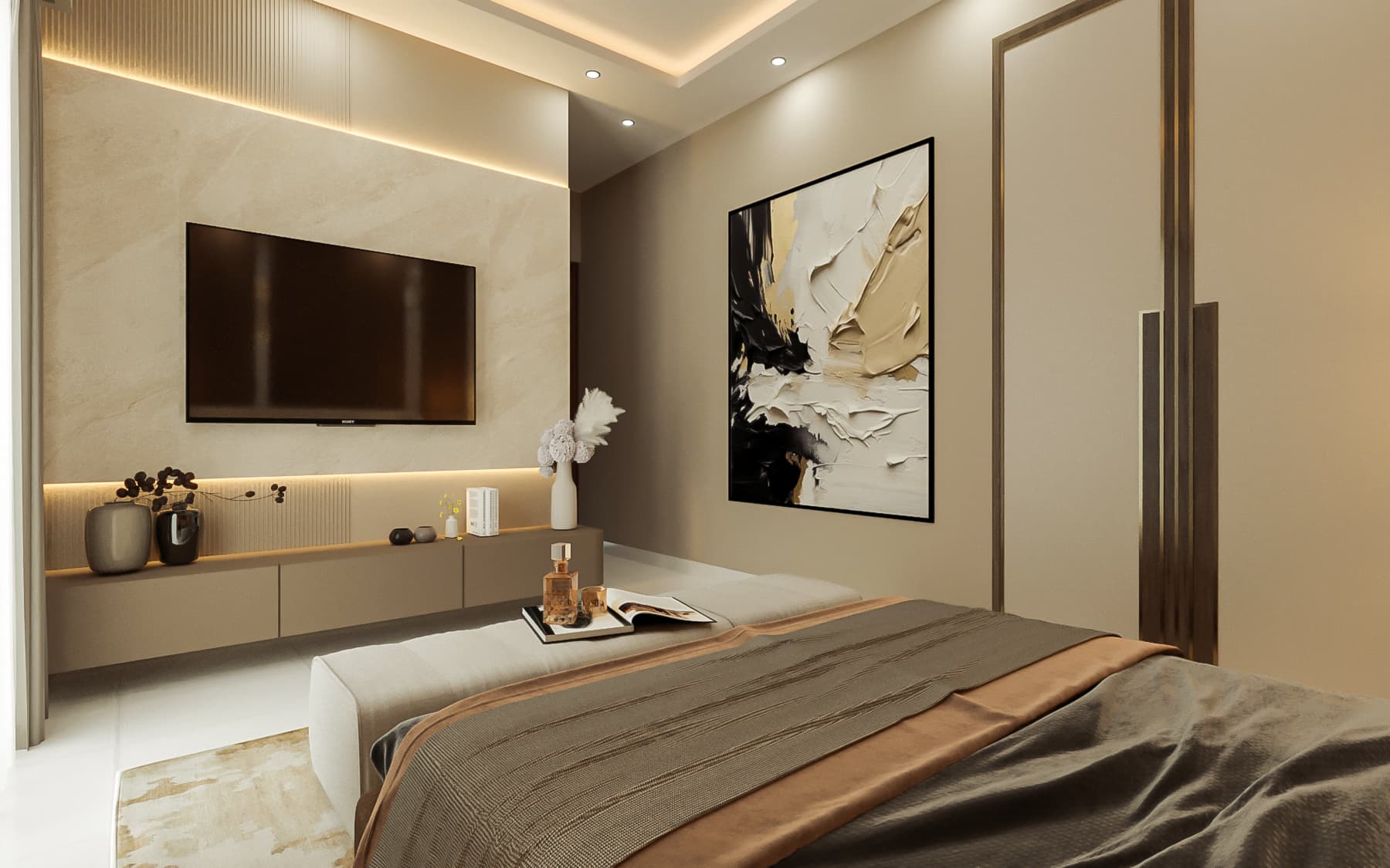 Luxury bedroom interior featuring wall-mounted TV console and abstract wall art